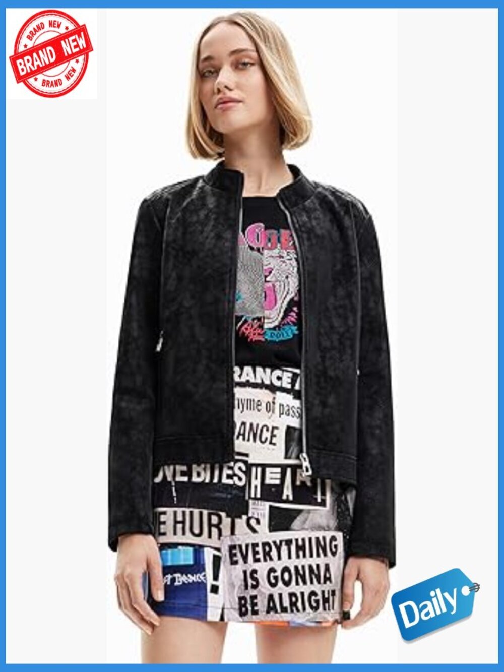 Women's Black PU Aviator Coat, Long Sleeve Zip Front Short Jacket Solid Pattern